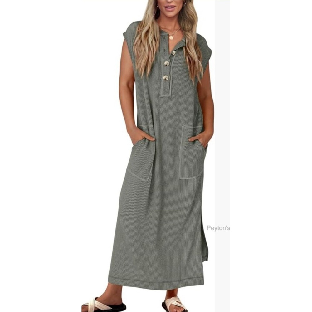 KIRUNDO Maxi Dress Size M Gray Striped Henley Neck Pockets Side Slit Homesteader